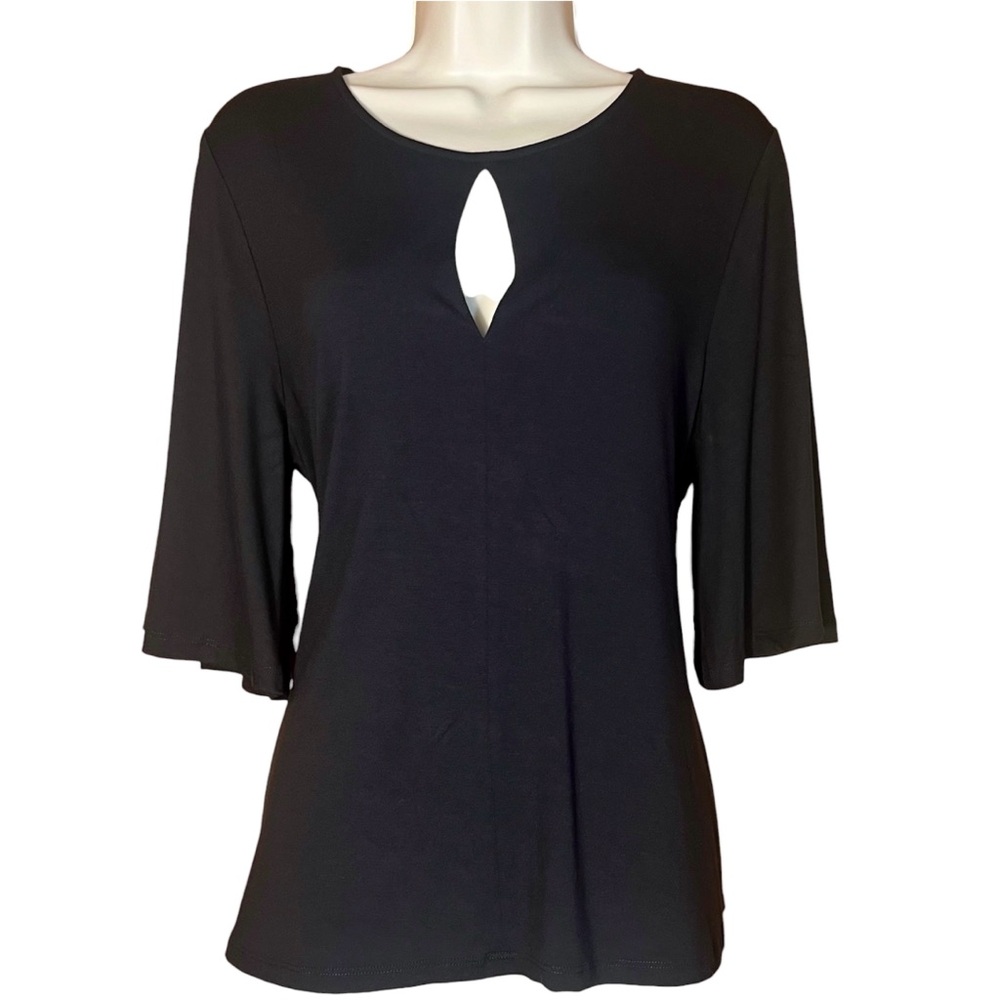 Peruvian Connection Black Keyhole Top Tie Waist Flutter Sleeve Stretch Blouse M